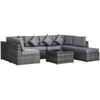 Outsunny 8 Pieces PE Rattan Corner Sofa Set Garden Furniture Set Patio Wicker Sofa Seater w/ Cushion Washable Cushion Cover Tempered Glass Table Grey