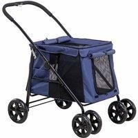 PawHut One-Click Foldable Pet Stroller, Dog Cat Travel Pushchair w/EVA Wheels, Storage Bags, Mesh Windows, Doors, Safety Leash, Cushion, for Small Pets - Dark Blue