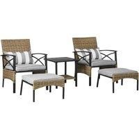Outsunny 5 Piece PE Rattan Garden Furniture Set, 2 Armchairs, 2 Stools, Steel Tabletop with Wicker Shelf, Padded Outdoor Seating, Grey