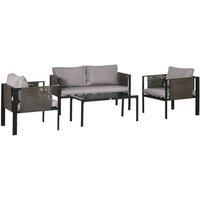 Outsunny 4 Piece Metal Garden Furniture Set with Tempered Glass Coffee Table, Patio Set Loveseat, Single Armchairs with Padded Cushions, Light Grey