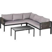 Outsunny 4 Piece Garden Furniture Set Metal Sofa Set w/ Tempered Glass Coffee Table, Conversational Corner Sofa Loveseat w/Padded Cushions Light Grey