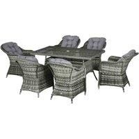 Outsunny 7 PCs Rattan Dining Sets, Outdoor Dining Set with Tempered Glass Table Top & Umbrella Hole, Cushions, Grey
