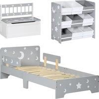 ZONEKIZ 3PCs Kids Furniture Bedroom Set with Bed, Toy Box Bench, Storage Unit with Baskets, Star and Moon Patterns, for 3-6 Years Old Boys Girls, Grey
