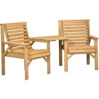 Outsunny Wooden Garden Love Seat, 2 Seater Jack & Jill Companion Seat with Coffee Table and Parasol Hole, Partner Bench, Table and Chairs Set, Outdoor Furniture for Backyard, Balcony, Patio, Brown