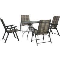 Outsunny 5 Pieces PE Rattan Dining Sets Round Glass Top Garden Dining Table with Umbrella Hole, Folding Armchair for Outdoors, Camping, Mixed Grey