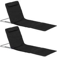 Outsunny Set of 2 Foldable Garden Beach Chair Mat Lightweight Outdoor Sun Lounger Seats Adjustable Back Metal Frame PE Fabric Head Pillow, Black