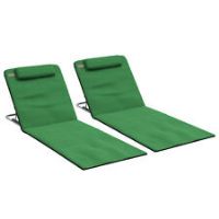 Outsunny 2 Pieces Outdoor Beach Mat Steel Reclining Chair Set w/ Pillow Green