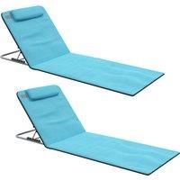 Outsunny Metal Frame PE Fabric 2 Pieces Outdoor Beach Reclining Chair Set w/ Pillow Light Blue