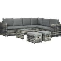 Outsunny 6 Piece Rattan Garden Furniture Set, 8-Seater Outdoor Sofa Sectional with 3 Cushioned Loveseat 2 Footstools Table, Grey