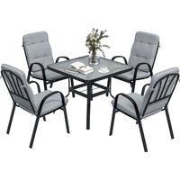Outsunny 5 Pieces Garden Dining Set, Outdoor Square Dining Table and 4 Cushioned Armchairs, Tempered Glass Top Table w/ Umbrella Hole Black