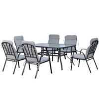 Outsunny 7 PCs Garden Dining Set, Glass Table w/ Umbrella Hole & Cushion, Black