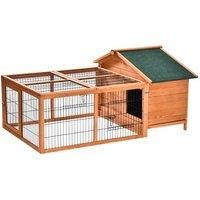 PawHut Wooden Rabbit Hutch Outdoor, Guinea Pig Hutch, Detachable Rabbit Cage with Openable Run & Roof Lockable Door Slide-out Tray Golden Red 146.7 x 95.5 x 69 cm