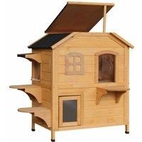 PawHut Wooden Cat House Condos Cat Cave Pet Shelter 2 Floor Villa Outdoor Furniture Natural Wood Finish