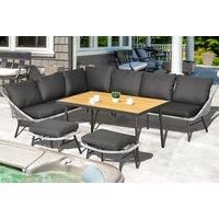 Outsunny 6 Seater Outdoor Rattan Garden Furniture Sets with Sofa, Footstool and Wood-Plastic Coffee Table, 193x72x75cm, Grey
