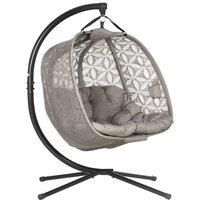 Outsunny Outdoor Double Hanging Chair, Swing Chair with Metal Stand, Thick Padded Cushion, Foldable Basket Cup Holders for Indoor Outdoor, Sand Brown