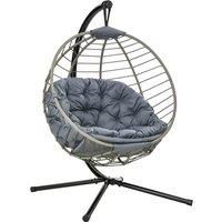 Outsunny PE Rattan Swing Chair, Outdoor Hanging Chair with Metal Stand, Thick Padded Cushion, Foldable Basket and Cup Holder, for Indoor Outdoor Grey