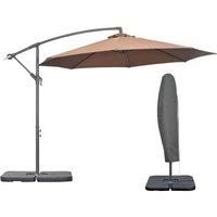 Outsunny 3(m) Garden Banana Parasol Cantilever Umbrella with Crank Handle, Cross Base, Weights and Cover for Outdoor, Hanging Sun Shade, Coffee