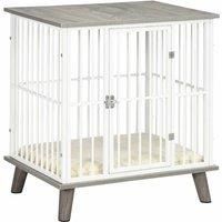 PawHut Dog Crate Furniture, Indoor Pet Kennel Cage, Top End Table w/ Soft Cushion, Lockable Door, for Small Dogs, 64.5 x 48 x 70.5 cm - Grey