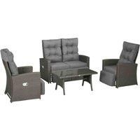 Outsunny 4 Piece Rattan Garden Furniture Sets, 4 Seater Outdoor Sofa Sectional with Wicker Sofa, Reclining Armchair and Glass Table for Yard, Poolside, Grey
