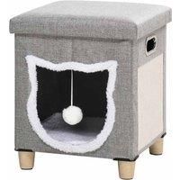 PawHut 2 in 1 Cat Bed Ottoman, Comfortable Cat Sleeping Cave House w/ Removable Cushion, Scratching Pad, Handles, Anti-Slip Foot Pad, Toy Ball, Entrance - Grey