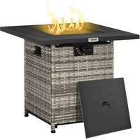 Outsunny Outdoor PE Rattan Gas Fire Pit Table, Patio Square Propane Heater with Rain Cover, Mesh Lid and Lava Stone, 40,000 BTU, Mixed Grey