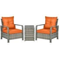 Outsunny 3 pcs PE Rattan Wicker Garden Furniture Patio Bistro Set Weave Conservatory Sofa Storage Table and Chairs Set Orange Cushion, Mixed Grey