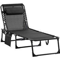 Outsunny Portable Sun Lounger, Folding Camping Bed Cot, Reclining Lounge Chair 5-position Adjustable Backrest with Side Pocket, Pillow for Patio Garden Beach Pool, Black