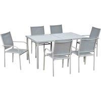 Outsunny 7 Piece Garden Dining Set, Outdoor Table and 6 Stackable Chairs, Steel Frame, Tempered Glass Top Table, Mesh Seats, Grey
