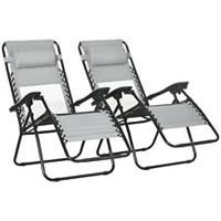 Outsunny Foldable Garden Recliner Chair Set of 2 w/ Footstool & Headrest, Grey