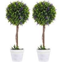 HOMCOM Set of 2 Decorative Artificial Plants Ball Trees with Lavender Flowers in Pot Fake Plants for Home Indoor Outdoor Decor, 60cm
