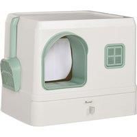PawHut Cat Litter Box with Drawer Pan, Hooded Cat Litter Tray with Scoop, Deodorants, Front Entrance, 50 x 40 x 40cm - White