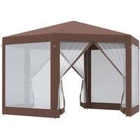 Outsunny Hexagonal Garden Gazebo Patio Party Outdoor Canopy Tent Sun Shelter with Mosquito Netting and Zipped Door, Brown