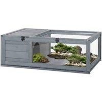 PawHut Tortoise House with Mesh Roof, Small Pet Reptile Wooden House, Tortoise Enclosure with Pulled-out Side Panel for Indoor, Outdoor, Grey
