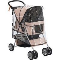 PawHut Dog Stroller with Rain Cover for Small Miniature Dogs, Folding Pet Pram with Cup Holder, Storage Basket, Reflective Strips, Brown
