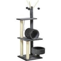 PawHut 121cm Cat Tree Tower for Indoor Cats Kitten Activity Center Scratching Post with Bed Tunnel Perch Interactive Ball Toy, Grey