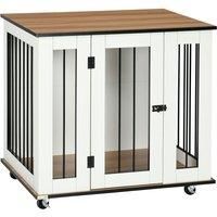PawHut Dog Crate Furniture, Dog Cage End Table with Wheels, Lockable Door, for Medium Dogs, 80 x 60 x 76.5cm - White