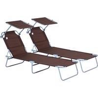 Outsunny 2 Pcs Outdoor Foldable Sun Lounger Set w/ Removeable Shade Canopy, Patio Recliner Sun Lounger w/ Adjustable Backrest w/ Mesh Fabric, Brown