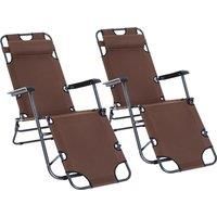 Outsunny 2 Pieces Foldable Sun Loungers with Adjustable Back, Outdoor Reclining Garden Chairs with Pillow and Armrests, Brown