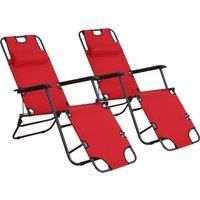 Outsunny 2 Pieces Foldable Sun Loungers with Adjustable Back, Outdoor Reclining Garden Chairs with Pillow and Armrests, Red