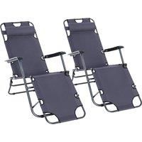 Outsunny 2 Pieces Foldable Sun Loungers with Adjustable Back, Outdoor Reclining Garden Chairs with Pillow and Armrests, Grey
