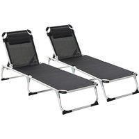 Outsunny 2 Pieces Foldable Sun Lounger with Pillow, 5-Level Adjustable Reclining Lounge Chair, Aluminium Frame Camping Bed Cot, Black