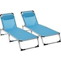 Outsunny 2 Pieces Foldable Sun Lounger with Pillow, 5-Level Adjustable Reclining Lounge Chair, Aluminium Frame Camping Bed Cot, Blue