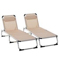 Outsunny 2 Pieces Foldable Sun Lounger Aluminium Frame Sun Bed, Khaki