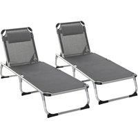 Outsunny 2 Pieces Foldable Sun Lounger with Pillow, 5-Level Adjustable Reclining Lounge Chair, Aluminium Frame Camping Bed Cot, Grey