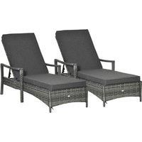 Outsunny PE Rattan Sun Loungers set of 2 with Cushion, Outdoor 2 Pieces Garden Sunbed Furniture with 4-Level Recliner Backrest, and Armrest, Grey