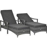 Outsunny PE Rattan Sun Loungers set of 2 with Cushion, Outdoor 2 Pieces Garden Sunbed Furniture with 4-Level Recliner Backrest, and Armrest, Grey