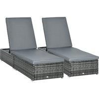 Outsunny PE Rattan Sun Loungers set of 2 with Cushion, Outdoor 2 Pieces Garden Sunbed Furniture with 5-Level Recliner Backrest, Reclining Patio Wicker Bed Chair, Grey