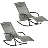 Outsunny 2Pcs Garden Rocking Chair, Patio Sun Lounger Rocker Chair w/ Breathable Mesh Fabric, Removable Headrest Pillow, Side Storage Bag, Dark Grey