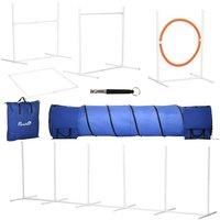 PawHut Six-Piece Dog Agility Equipment Set with 3(m) m Tunnel, Canine Whistle, Pause Box, Dog Jumps, Weave Poles - Multicoloured