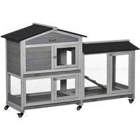 PawHut Two-Tier Rabbit Hutch Outdoor and Run Wooden Mobile Guinea Pig Hutch Bunny Cage w/ Wheels, Run, Slide-Out Tray, Ramp 157.4 x 53 x 99.5 cm, Light Grey
